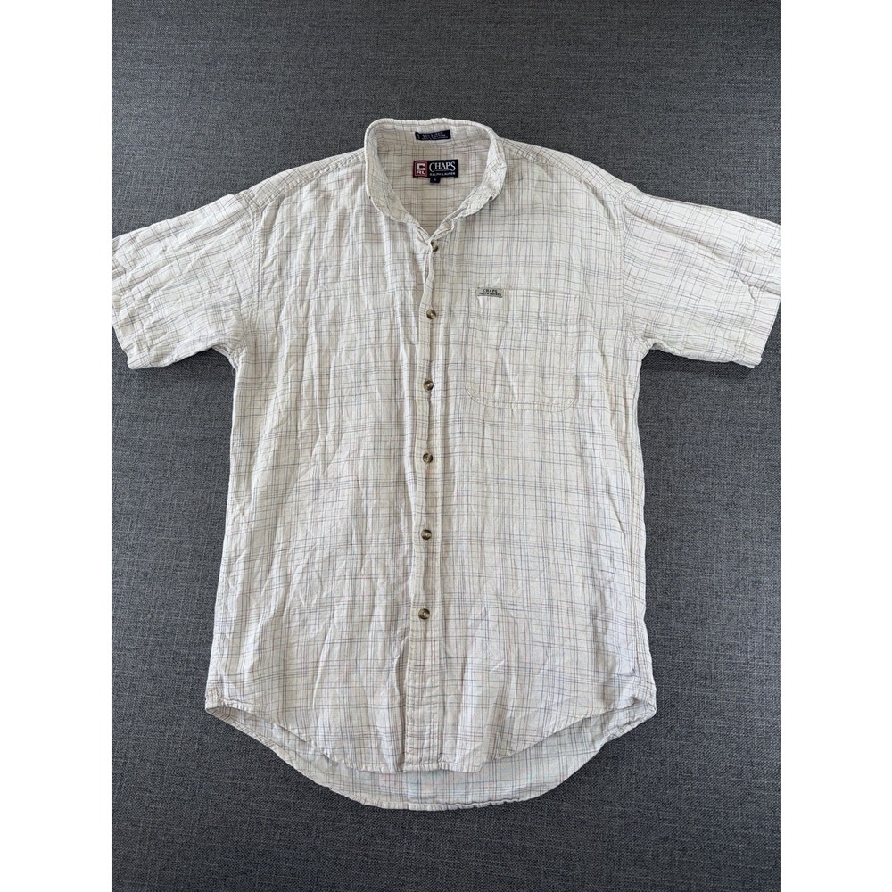 Chaps Ralph‎ Lauren Shirt Men's Small Beige Plaid Linen Cotton Short Sleeve